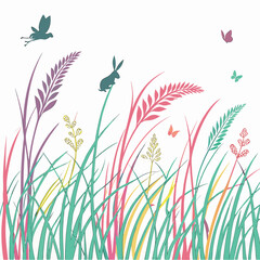 Whimsical meadow scene with wildlife