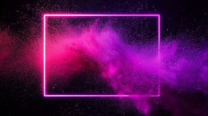 Obraz premium Neon Square Frame Enclosing Pink Purple Powder Explosion, Abstract Background, Color Burst Abstract Photography, Neon Light