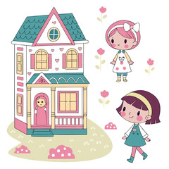 Cute cartoon girls and dollhouse illustration