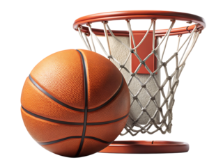 Close up of an orange basketball next to a white net basketball hoop isolated on a transparent background