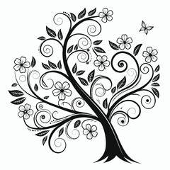 Stylized black and white floral tree with butterfly