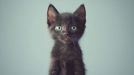 A cute black kitten with striking blue eyes against a light background.