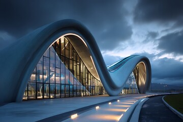 Stunning modern architectural design with flowing lines and glass facade under dramatic sky perfect for innovative business or creative concepts
