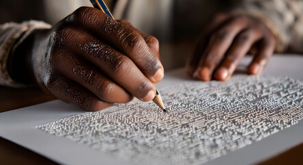 Child hand reading Braille text on a white page for visually impaired education