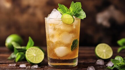 Fototapeta premium Refreshing Iced Tea Cocktail Highball Glass, Lime, Mint, Close-up, Brown Background, Summer Drink Iced Tea, Cocktail