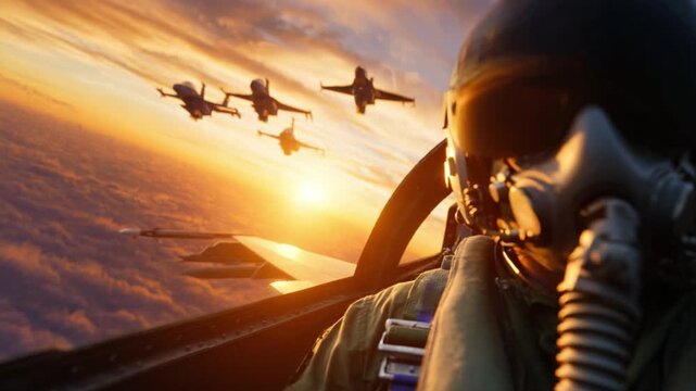 Soaring Above: An evocative perspective of a pilot in a fighter jet cockpit, soaring through the skies at sunrise, with a formation of jets, symbolizing flight and adventure.