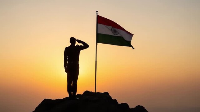 Indian soldier saluting national flag at sunset, suitable for patriotism, military, honor, bravery, respect, and Indian culture concepts.