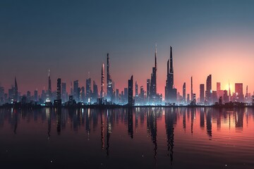 Stunning futuristic cityscape reflected on tranquil water at dusk offers a modern and dynamic urban landscape for visionary projects and innovative design