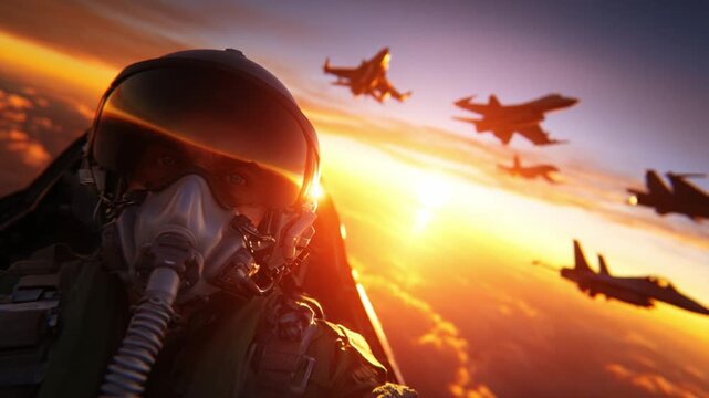 Soaring High: A pilot, silhouetted by the sun, takes flight with jets in formation against a fiery sky, embodying the spirit of aviation and adventure.