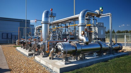 Stainless Steel Industrial Plant High-Angle View, Complex Piping System, Energy Production, Industrial Equipment Industrial Piping, Energy Infrastructure