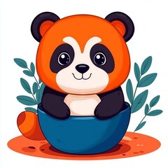 A cute cartoon panda sitting in a blue bowl surrounded by green leaves.