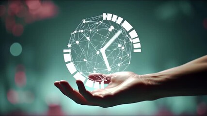 Abstract Clock in Hand Glowing Holographic Time Display with Teal Background and Bokeh Lights Suggesting Technological Advancement - Powered by Adobe