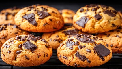 Stack of warm, golden brown chocolate chip cookies on a wire cooling rack