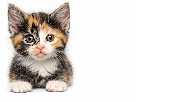 A cute calico kitten with big eyes, lying on a white background.