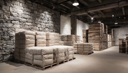 Industrial warehouse filled with stacked, pale-beige blocks on wooden pallets