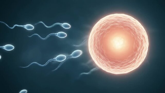 Sperm cells converge on an egg cell with a bluetoned backdrop highlighting the reproductive process