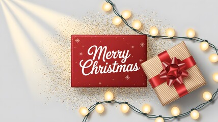 A red box with a bow and a string of lights