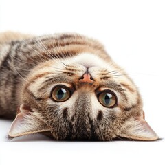 A cute cat lying upside down, showcasing its large eyes and playful demeanor.