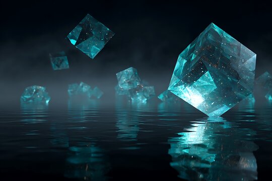 Floating crystal cubes with sparkling light shimmer on dark water surface, mysterious glowing atmosphere
