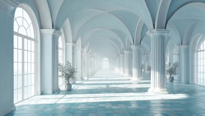 Naklejka premium Light-filled, pale blue colonnaded hall