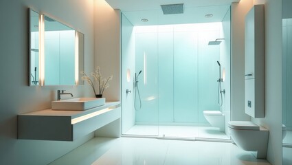 Modern bathroom with glass shower enclosure.