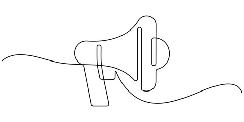 Obraz premium Megaphone continuous line drawing with color shapes. Announcement, Message, Marketing Concepts. 