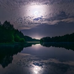 "Moonlit Reflection on a Tranquil Forest Lake Under a Starry Sky"

