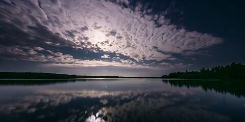 "Moonlit Reflection on a Tranquil Forest Lake Under a Starry Sky"

