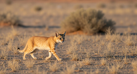 Fototapeta premium Sand cat with golden fur walking across desert dunes at golden hour. Small feline adaptation and arid environment survival. Wildlife conservation and desert ecosystem study