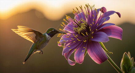 Obraz premium Hummingbird feeding from purple passion flower with extended proboscis. Small bird pollinator in natural garden habitat for wildlife education and ecosystem balance campaigns