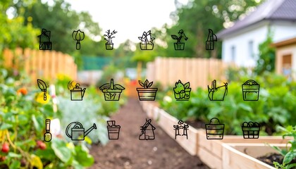 Garden tools and plants in a backyard