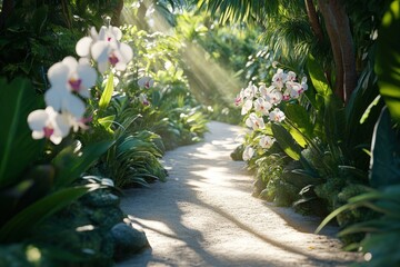 Sunlit path amidst lush tropical plants.