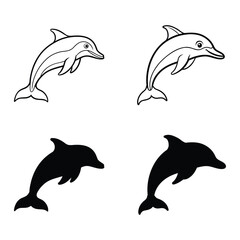 Obraz premium Vector art of four stylized dolphins in black and white two with outline and two with silhouette jumping out of the water isolated on white background