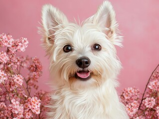 A cute dog surrounded by pink flowers, creating a cheerful atmosphere.