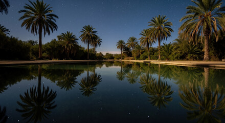 Palm trees reflected in still water at night under starry sky. Desert oasis in natural environment for landscape conservation and water ecosystem awareness campaigns