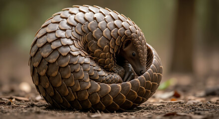 Fototapeta premium Pangolin with armored scales curled in defensive ball position on forest ground. Armored mammal protection behavior and woodland habitat adaptation. Wildlife conservation and endangered species study