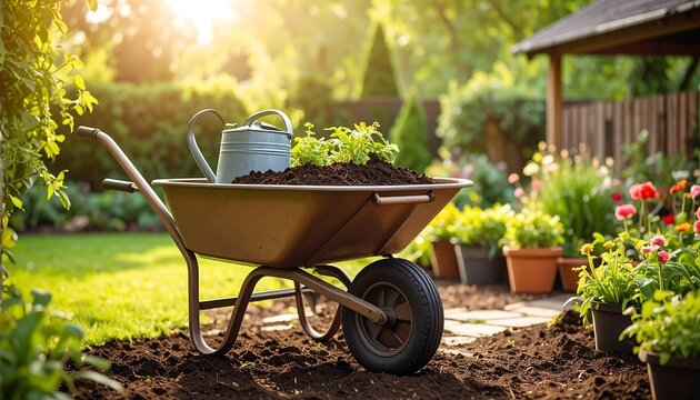 Garden wheelbarrow filled with soil