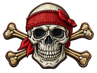 Embroidered pirate skull with red bandana and crossed bones isolated on a transparent background crossbones