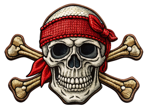 Embroidered pirate skull with red bandana and crossed bones isolated on a transparent background crossbones