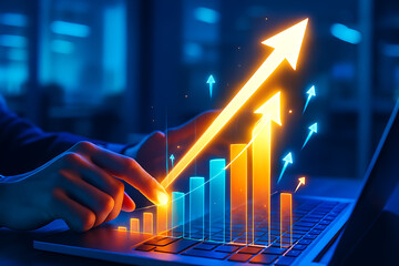 Exploding business data chart glowing from laptop with colorful upward arrows showing financial technology growth in futuristic analytics and performance concept