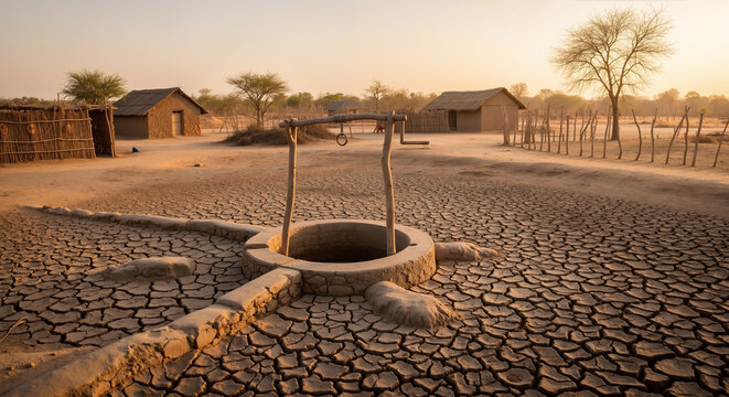 Abandoned water well with wooden frame on cracked desert ground at sunset. Drought effects and water scarcity crisis. Environmental conservation awareness