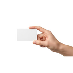 Fototapeta premium A persons hand is holding a blank white card against a transparent background