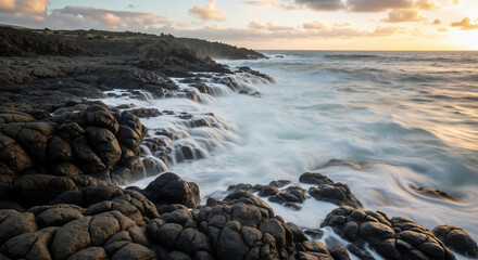 Ocean waves crashing over rocky coastline with smooth water motion. Natural marine environment for coastal studies and wave erosion awareness campaigns