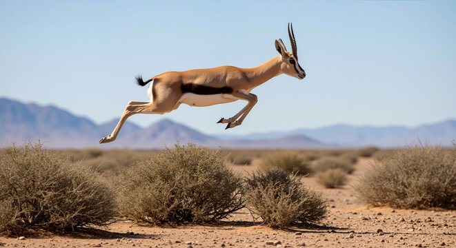 Springbok antelope leaping high above desert scrubland with legs tucked under body. High jump behavior and arid habitat adaptation. Wildlife observation and safari content