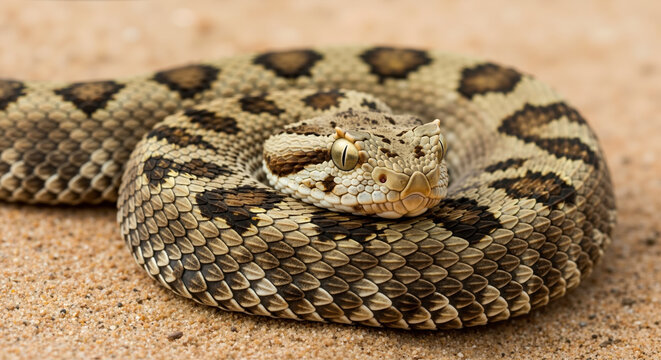 Rattlesnake with diamond pattern coiled in defensive position on sandy ground. Venomous reptile in natural desert habitat for wildlife education and snake safety awareness campaigns - Powered by Adobe
