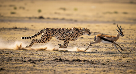 Cheetah chasing gazelle across golden savanna grassland at high speed. Predator hunting behavior and prey escape dynamics. African wildlife and safari observation content