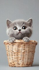 A cute gray kitten peeking over the edge of a woven basket.