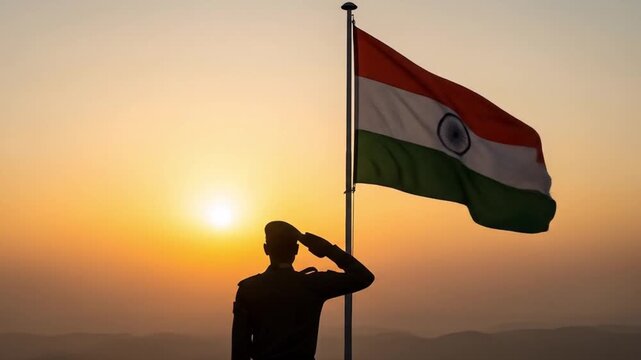 Indian soldier saluting national flag at sunset, suitable for patriotism, military, honor, bravery, respect, and Indian culture concepts.