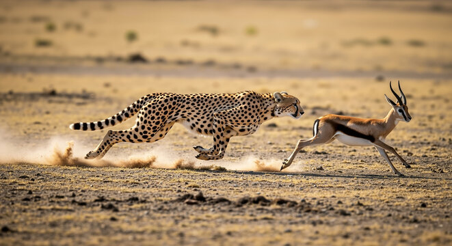 Cheetah chasing gazelle across golden savanna grassland at high speed. Predator hunting behavior and prey escape dynamics. African wildlife and safari observation content