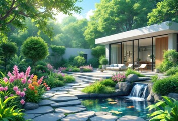 Obraz premium Sunlit modern home with a lush garden featuring a stone pathway, koi pond, waterfall, and expansive patio with glass doors opening to the interior